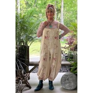 Jaded Gypsy Trellis Views Overalls Cream Floral Embroidered Lace Cropped L XL